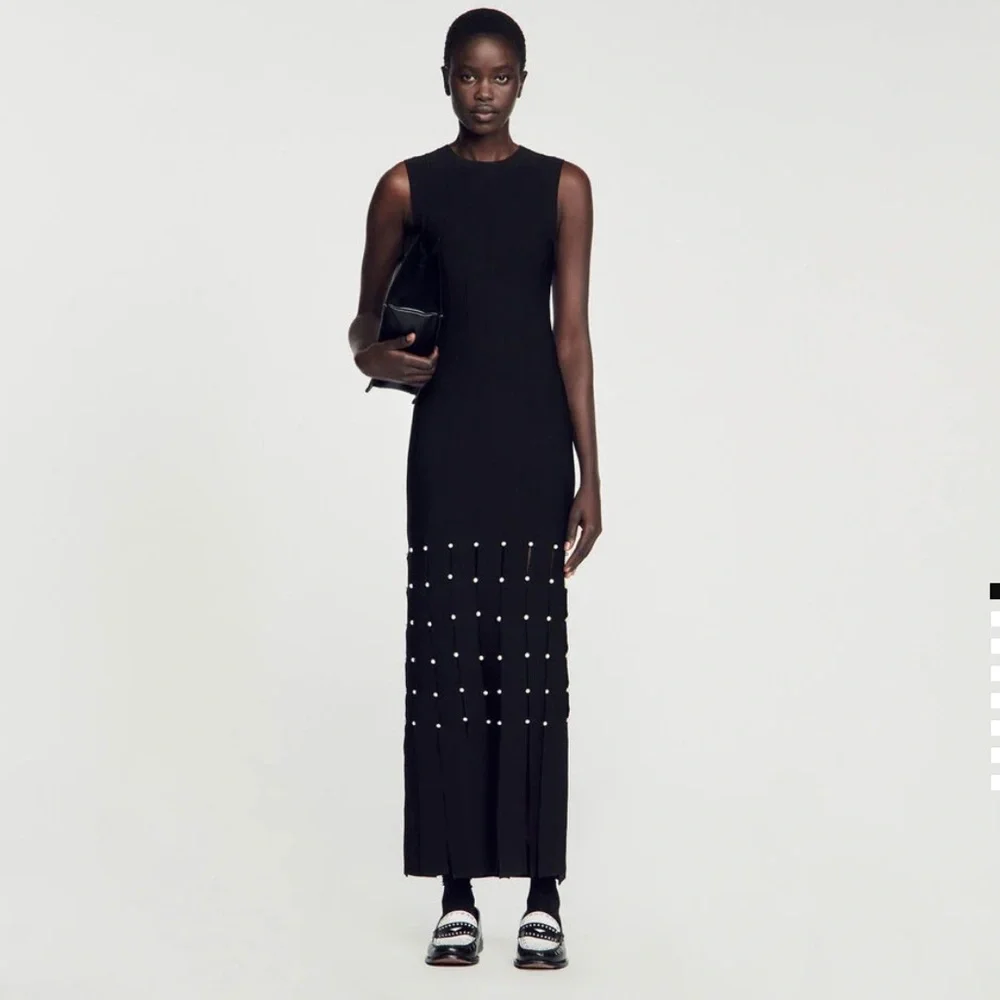 NWT Sandro Gildana Faux Pearl Fringe Cutout Knit Maxi Dress—No Flaws - Picture 5 of 9